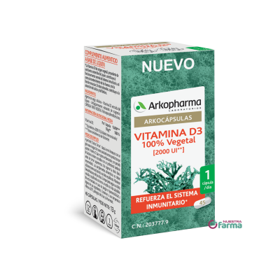 Comprar ARKOCAPSULAS VITAMINA D3 100% VEGETAL 45 CAPSULAS al mejor precio en NuestraFarma, tu farmacia online