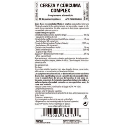 Comprar SOLGAR CEREZA Y CURCUMA COMPLEX 60 CAPSULAS VEGETALES al mejor precio en NuestraFarma, tu farmacia online