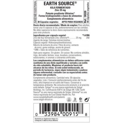 Comprar SOLGAR EARTH SOURCE KOJI ZINC 25 MG (ZINC FERMENTADO) 30 CAPSULAS VEGETALES al mejor precio en NuestraFarma, tu farmacia online