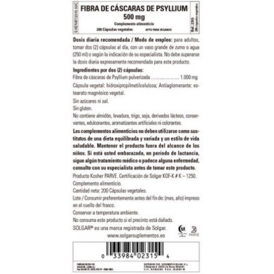 Comprar SOLGAR FIBRA DE CASCARA DE PSYLLIUM 500 MG 200 CAPSULAS VEGETALES al mejor precio en NuestraFarma, tu farmacia online