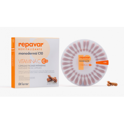 Comprar REPAVAR MONODERMA C10 REVITALIZANTE 28 CAPSULAS FACIALES INTENSIVAS al mejor precio en NuestraFarma, tu farmacia online