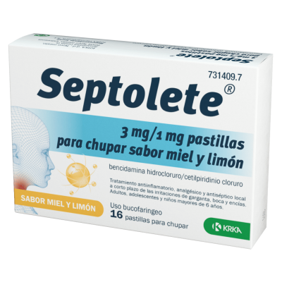 Comprar SEPTOLETE 3 MG/1 MG 16 PASTILLAS PARA CHUPAR (SABOR MIEL Y LIMON) al mejor precio en NuestraFarma, tu farmacia online