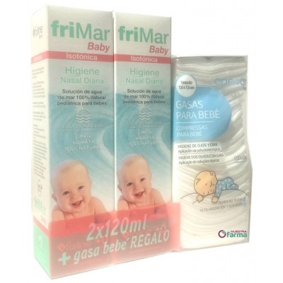 Comprar FRIMAR BABY DUPLO 2X120 ML + GASAS PARA BEBE 100 UNIDADES al mejor precio en NuestraFarma, tu farmacia online