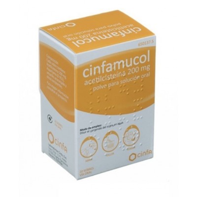 Comprar CINFAMUCOL ACETILCISTEINA 200 MG 20 SOBRES POLVO PARA SOLUCION ORAL al mejor precio en NuestraFarma, tu farmacia online