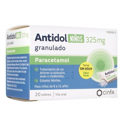 Comprar ANTIDOL NIÑOS 325 MG 20 SOBRES GRANULADO ORAL al mejor precio en NuestraFarma, tu farmacia online