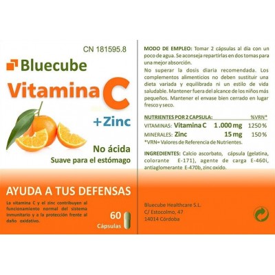 Comprar BLUECUBE VITAMINA C + ZINC 60 CAPSULAS al mejor precio en NuestraFarma, tu farmacia online