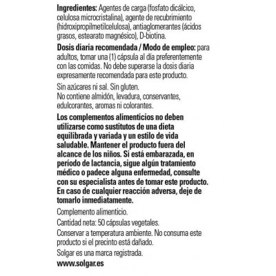 Comprar SOLGAR BIOTINA 1000 MCG 50 CAPSULAS VEGETALES al mejor precio en NuestraFarma, tu farmacia online