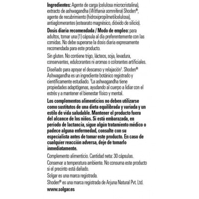 Comprar SOLGAR ASHWAGANDHA SHODEN 30 CAPSULAS al mejor precio en NuestraFarma, tu farmacia online