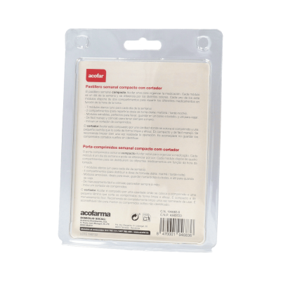 Comprar ACOFAR PASTILLERO SEMANAL COMPACTO CON CORTADOR 1 UNIDAD al mejor precio en NuestraFarma, tu farmacia online
