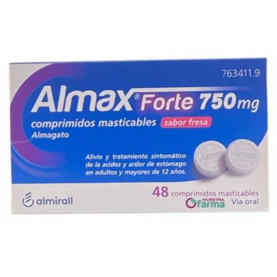 Comprar ALMAX FORTE 750 MG 48 COMPRIMIDOS MASTICABLES SABOR FRESA al mejor precio en NuestraFarma, tu farmacia online