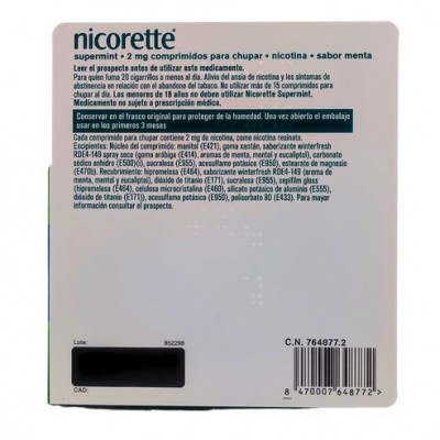Comprar NICORETTE SUPERMINT EFG 2 MG 80 COMPRIMIDOS PARA CHUPAR al mejor precio en NuestraFarma, tu farmacia online