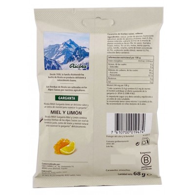 Comprar RICOLA MAX GARGANTA MIEL Y LIMON BOLSA 70 G al mejor precio en NuestraFarma, tu farmacia online