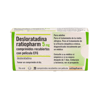 Comprar DESLORATADINA RATIOPHARM EFG 5 MG 20 COMPRIMIDOS RECUBIERTOS al mejor precio en NuestraFarma, tu farmacia online