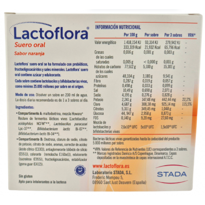 Comprar LACTOFLORA SUERO ORAL CON PROBIOTICOS Y SALES MINERALES 6 SOBRES SABOR NARANJA al mejor precio en NuestraFarma, tu farmacia online