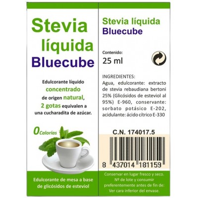 Comprar STEVIA LIQUIDA GOTAS BLUECUBE EDULCORANTE 25 ML al mejor precio en NuestraFarma, tu farmacia online