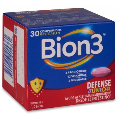 Comprar BION 3 DEFENSE JUNIOR 30 COMPRIMIDOS MASTICABLES SABOR FRAMBUESA al mejor precio en NuestraFarma, tu farmacia online