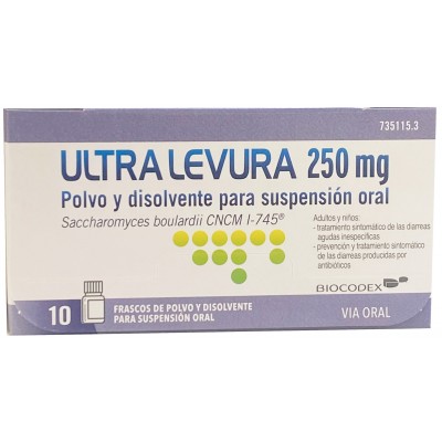 Comprar ULTRA-LEVURA 250 MG 10 FRASCOS POLVO Y DISOLVENTE PARA SUSPENSION ORAL al mejor precio en NuestraFarma, tu farmacia online