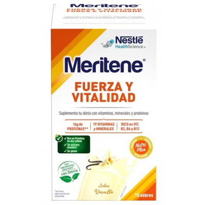 Comprar MERITENE FUERZA Y VITALIDAD SABOR VAINILLA 30 G 15 SOBRES al mejor precio en NuestraFarma, tu farmacia online