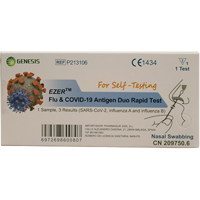 Comprar TEST NASAL COMBINADO AUTODIAGNOSTICO ANTIGENOS SARS-COV-2 Y GRIPE A/B EZER GENESIS (PHARMASUR 2000) al mejor precio en NuestraFarma, tu farmacia online