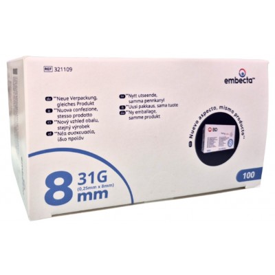 Comprar AGUJA ESTERIL EMBECTA PARA PLUMAS 31G (0.25 MM X 8 MM) 100 UNIDADES al mejor precio en NuestraFarma, tu farmacia online
