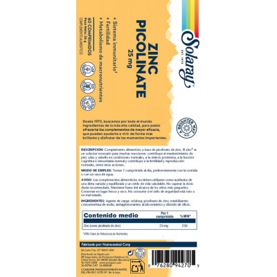 Comprar SOLARAY PICOLINATO DE ZINC 60 CAPSULAS al mejor precio en NuestraFarma, tu farmacia online