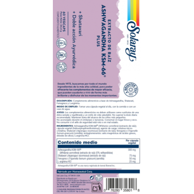 Comprar SOLARAY ASHWAGANDHA KSM-66 PLUS 60 CAPSULAS VEGETALES al mejor precio en NuestraFarma, tu farmacia online