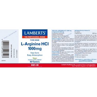 Comprar LAMBERTS L-ARGININA HCL 1000 MG 90 TABLETAS 8301 al mejor precio en NuestraFarma, tu farmacia online