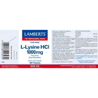 Comprar LAMBERTS L-LISINA HCL 1000 MG 120 TABLETAS 8316 al mejor precio en NuestraFarma, tu farmacia online