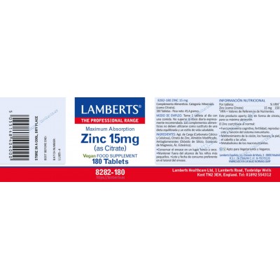 Comprar LAMBERTS ZINC 15 MG 180 TABLETAS 8282 al mejor precio en NuestraFarma, tu farmacia online