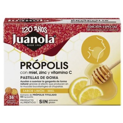Comprar JUANOLA PROPOLIS MIEL ZINC Y VITAMINA C 36 PASTILLAS DE GOMA SABOR LIMON MIEL al mejor precio en NuestraFarma, tu farmacia online