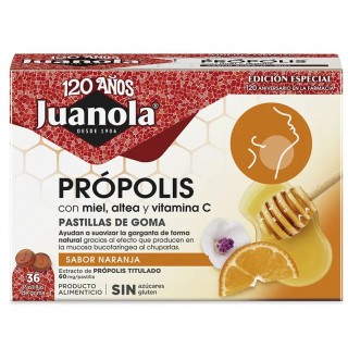 JUANOLA EDICIÓN ESPECIAL PROPOLIS MIEL ALTEA Y VITAMINA C 36 PASTILLAS DE GOMA SABOR NARANJA