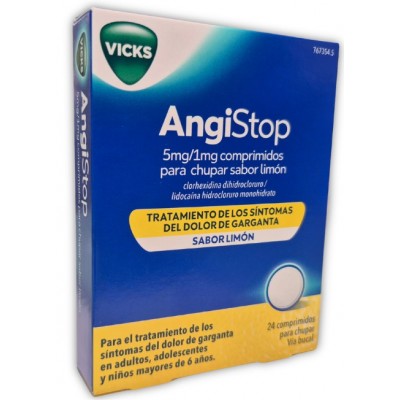 Comprar ANGISTOP 5 MG/1 MG 24 COMPRIMIDOS PARA CHUPAR SABOR LIMON (AL/PVC/PCTFE) al mejor precio en NuestraFarma, tu farmacia online