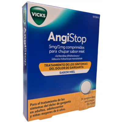 Comprar ANGISTOP 5 MG/1 MG 24 COMPRIMIDOS PARA CHUPAR SABOR MIEL (PVC/PE/PVDC) al mejor precio en NuestraFarma, tu farmacia online