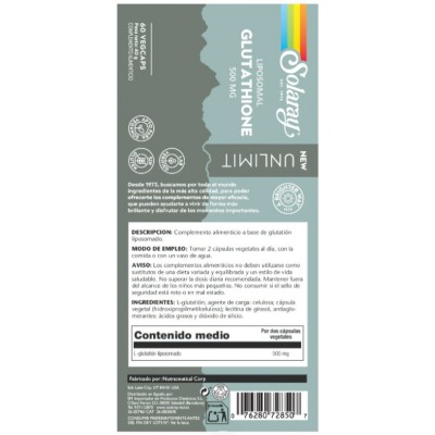 Comprar SOLARAY GLUTATHIONE LIPOSOMAL UNLIMIT 500 MG 60 CAPSULAS VEGETALES al mejor precio en NuestraFarma, tu farmacia online