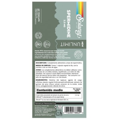 Comprar SOLARAY SPERMIDINE 60 CAPSULAS VEGETALES al mejor precio en NuestraFarma, tu farmacia online