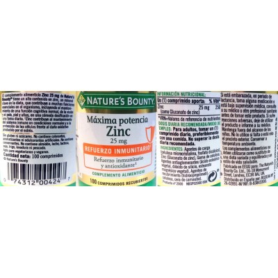 Comprar NATURES BOUNTY ZINC 100 COMPRIMIDOS al mejor precio en NuestraFarma, tu farmacia online
