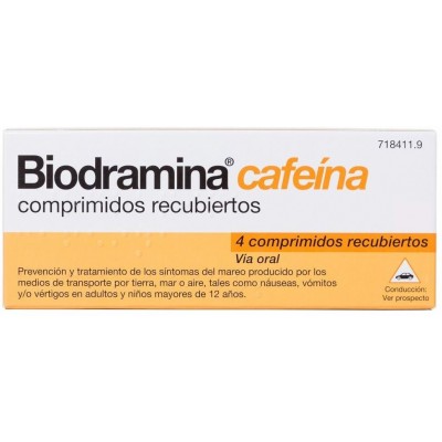 Comprar BIODRAMINA CAFEINA 4 COMPRIMIDOS RECUBIERTOS al mejor precio en NuestraFarma, tu farmacia online