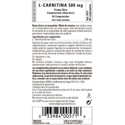 Comprar SOLGAR L-CARNITINA 500MG 60 COMPRIMIDOS al mejor precio en NuestraFarma, tu farmacia online