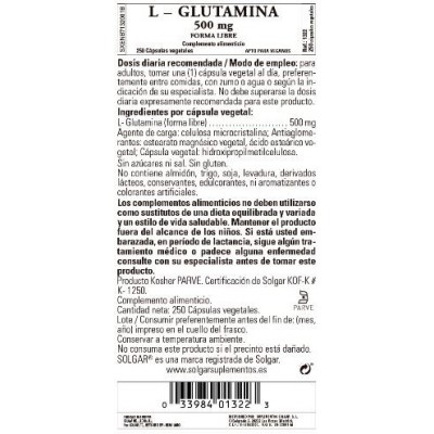 Comprar SOLGAR L-GLUTAMINA 500 MG 250 CAPSULAS VEGETALES al mejor precio en NuestraFarma, tu farmacia online