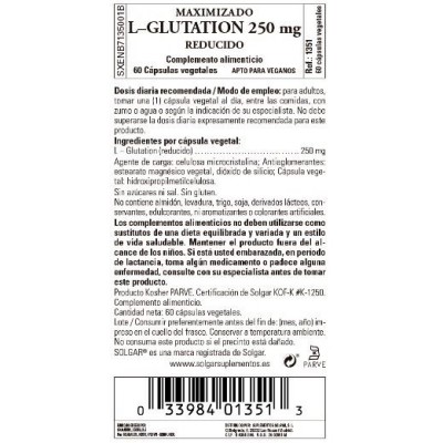 Comprar SOLGAR L-GLUTATION REDUCIDO MAXIMIZADO 250 MG 60 CAPSULAS VEGETALES al mejor precio en NuestraFarma, tu farmacia online