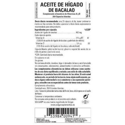 Comprar SOLGAR ACEITE DE HIGADO DE BACALAO 250 CAPSULAS BLANDAS al mejor precio en NuestraFarma, tu farmacia online