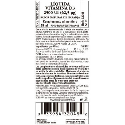 Comprar SOLGAR VITAMINA D3 LIQUIDA 2500 UI (62,5 MCG) 59 ML al mejor precio en NuestraFarma, tu farmacia online