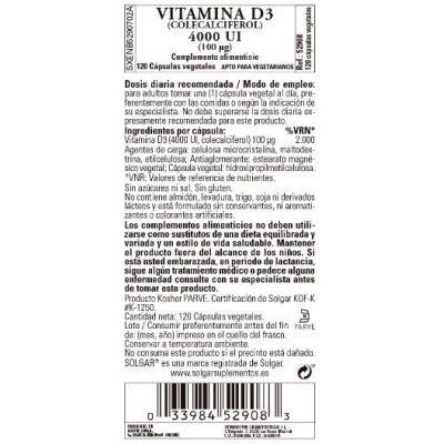 Comprar SOLGAR VITAMINA D3 4000UI (100MCG) 120 CAPSULAS VEGETALES al mejor precio en NuestraFarma, tu farmacia online