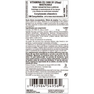 Comprar SOLGAR VITAMINA D3 1000 UI (25 MCG) 100 COMPRIMIDOS MASTICABLES al mejor precio en NuestraFarma, tu farmacia online