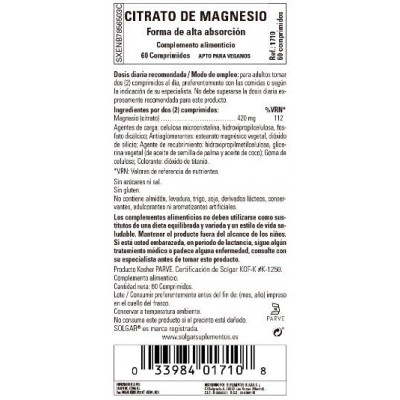Comprar SOLGAR CITRATO DE MAGNESIO 60 COMPRIMIDOS al mejor precio en NuestraFarma, tu farmacia online