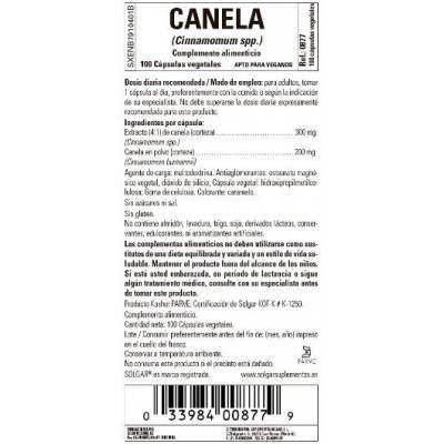 Comprar SOLGAR CANELA 500MG 100 CAPSULAS VEGETALES al mejor precio en NuestraFarma, tu farmacia online