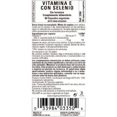 Comprar SOLGAR VITAMINA E CON SELENIO (SIN LEVADURA) 50 CAPSULAS VEGETALES al mejor precio en NuestraFarma, tu farmacia online
