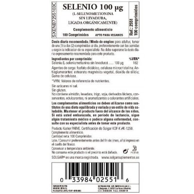 Comprar SOLGAR SELENIO 100 MCG (SIN LEVADURA) 100 COMPRIMIDOS al mejor precio en NuestraFarma, tu farmacia online