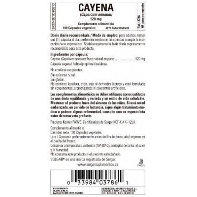 Comprar SOLGAR CAYENA 520MG (CAPSICUM ANNUUM) 100 CAPSULAS VEGETALES al mejor precio en NuestraFarma, tu farmacia online