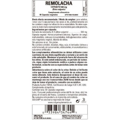 Comprar SOLGAR EXTRACTO DE REMOLACHA 500MG 90 CAPSULAS VEGETALES al mejor precio en NuestraFarma, tu farmacia online